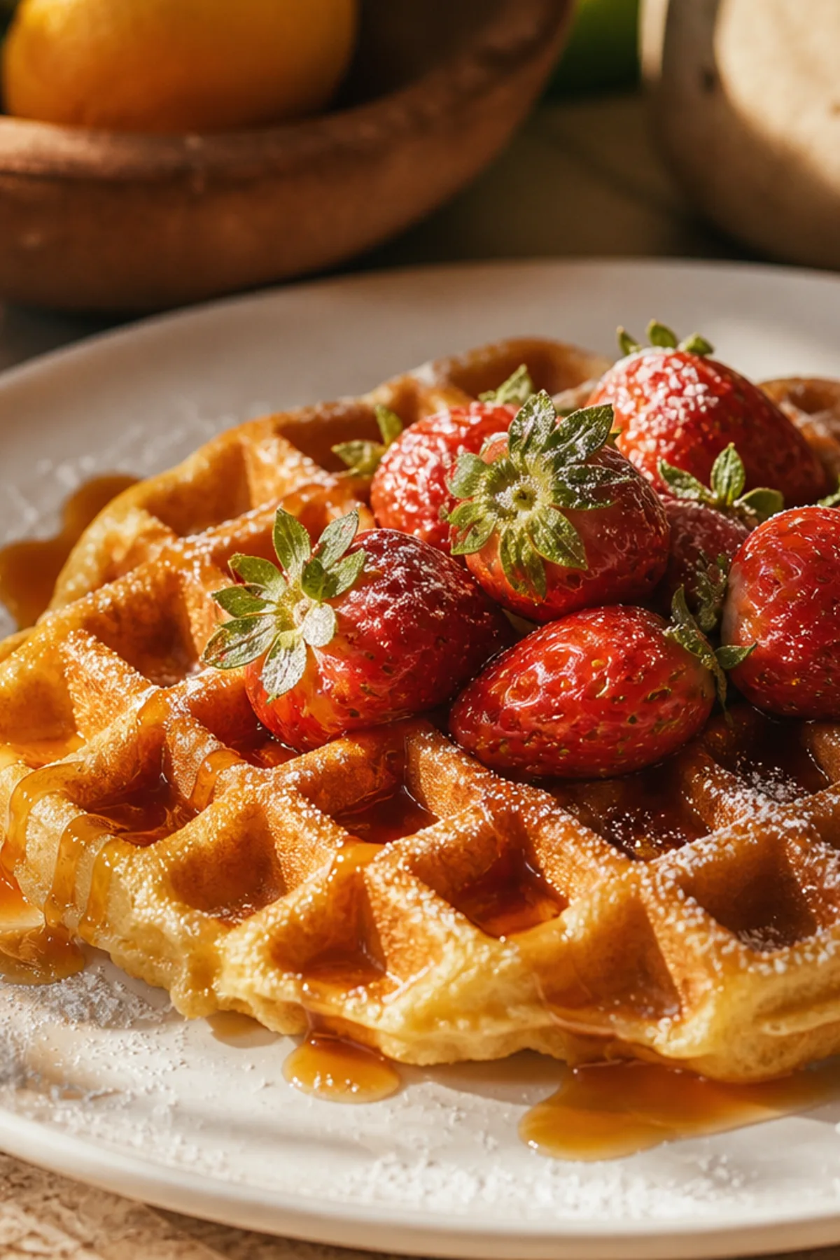 Çilekli ve karamelli Belçika waffle'ı, beyaz tabakta